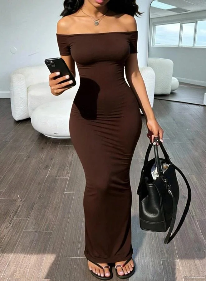 Take Two Brown Off-Shoulder Bodycon Maxi Dress with Short Sleeves