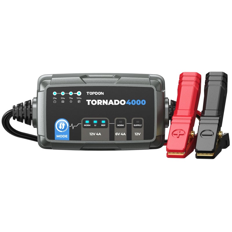 TOPDON Tornado4000 4A Smart Battery Charger 6V 12V Lead-Acid Lithium Maintainer Desulfator IP65