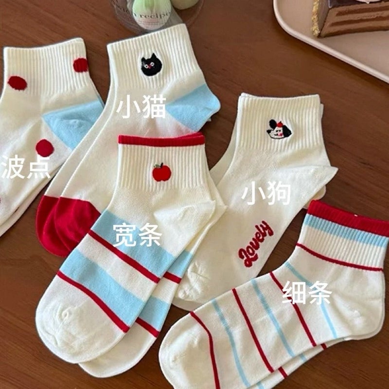 Spring and Summer All-match Thin Korean Style Mesh Sports Socks Ins Trendy Cartoon Low-top Short Tube White Loving Socks for Children wide bar - Image 2
