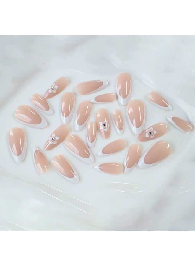 Goolsky Premium Long Press-on Nails with White French & Rhinestone Flowers for Timeless Elegance - Image 3