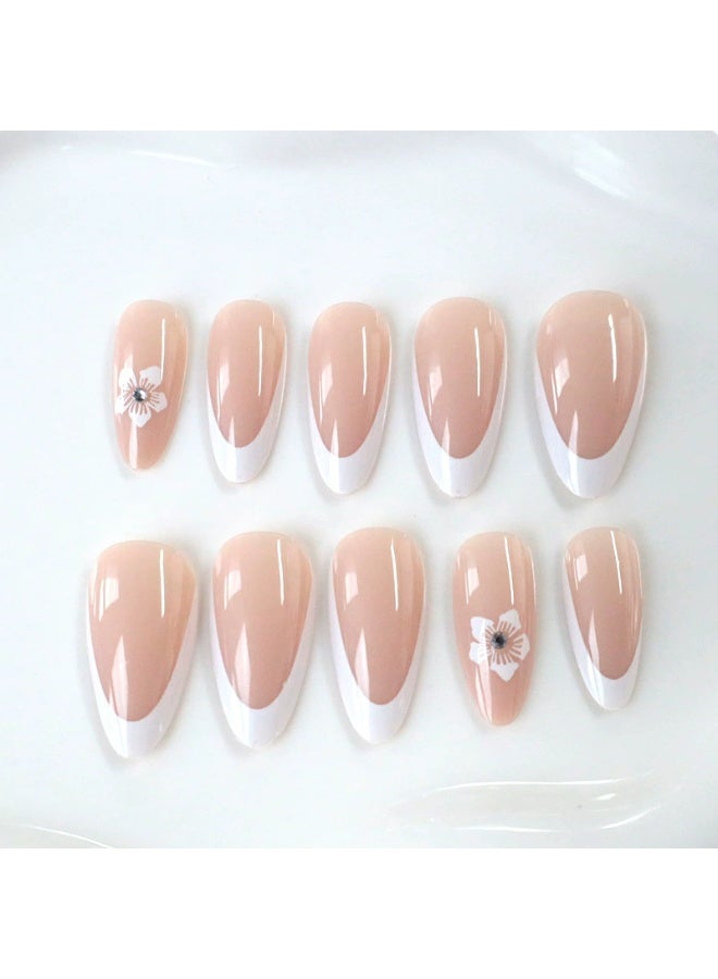 Goolsky Premium Long Press-on Nails with White French & Rhinestone Flowers for Timeless Elegance - Image 4