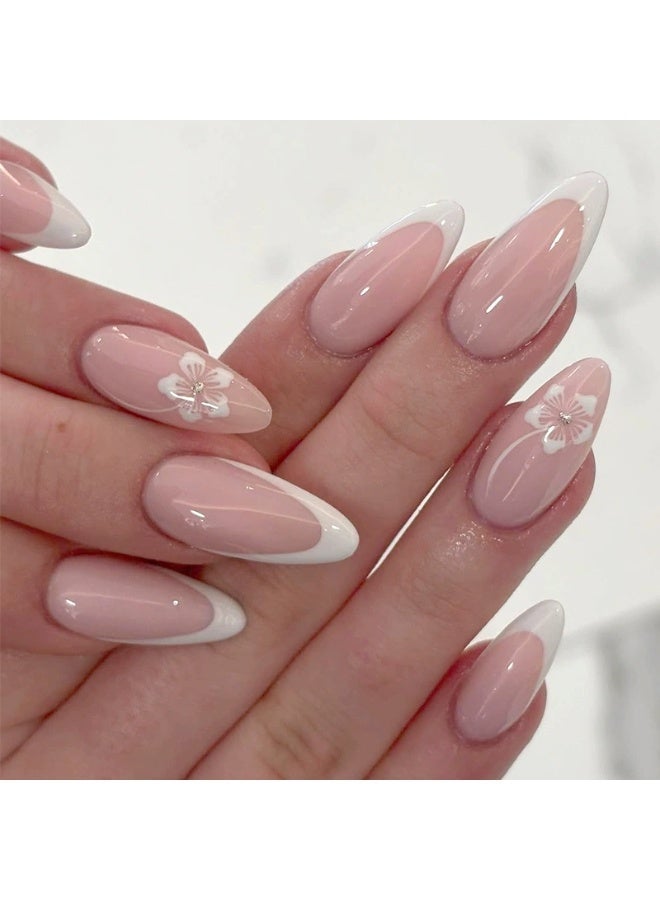 Goolsky Premium Long Press-on Nails with White French & Rhinestone Flowers for Timeless Elegance - Image 1