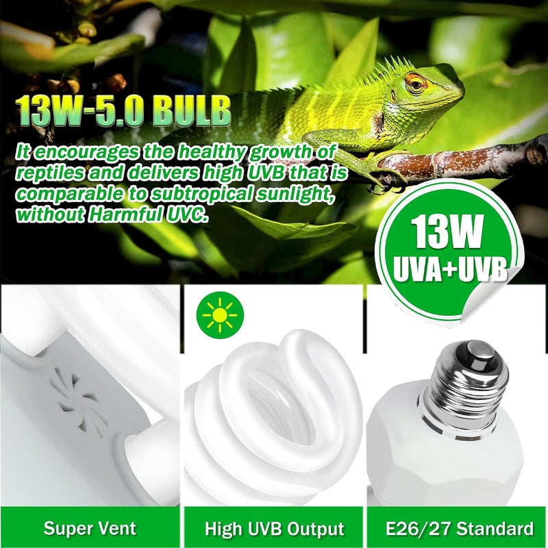 مصباح الزواحف UVA UVB 5.0، مصباح UV مزدوج بقدرة 13 واط، مصباح فلورسنت مضغوط، مناسب للزواحف الصحراوية - Image 3