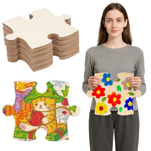 Seenelling 50 Pcs 6x8 Inch Large Blank Wooden Puzzle Pieces for Crafts DIY Make Your Own Puzzle to Draw on Unfinished Large Jigsaw Valentines Day DIY Arts and Crafts Projects and Gift - Image 1
