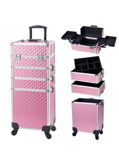 Rolling Makeup Train Case Large Storage Cosmetic Trolley 4 in 1 Large Capacity Trolley Makeup Travel Case with Key Swivel Wheels Salon Barber Case Traveling Cart Trunk - Pink