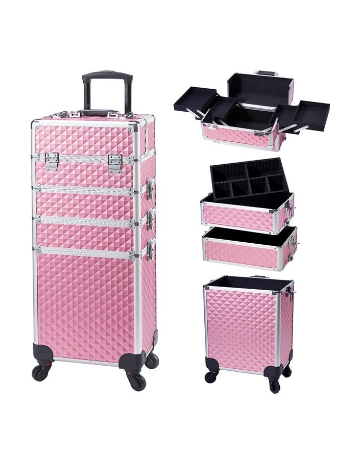 Stagiant - Rolling Makeup Train Case Large Storage Cosmetic Trolley 4 in 1 Large Capacity Trolley Makeup Travel Case with Key Swivel Wheels Salon Barber Case Traveling Cart Trunk - Pink - Image 1