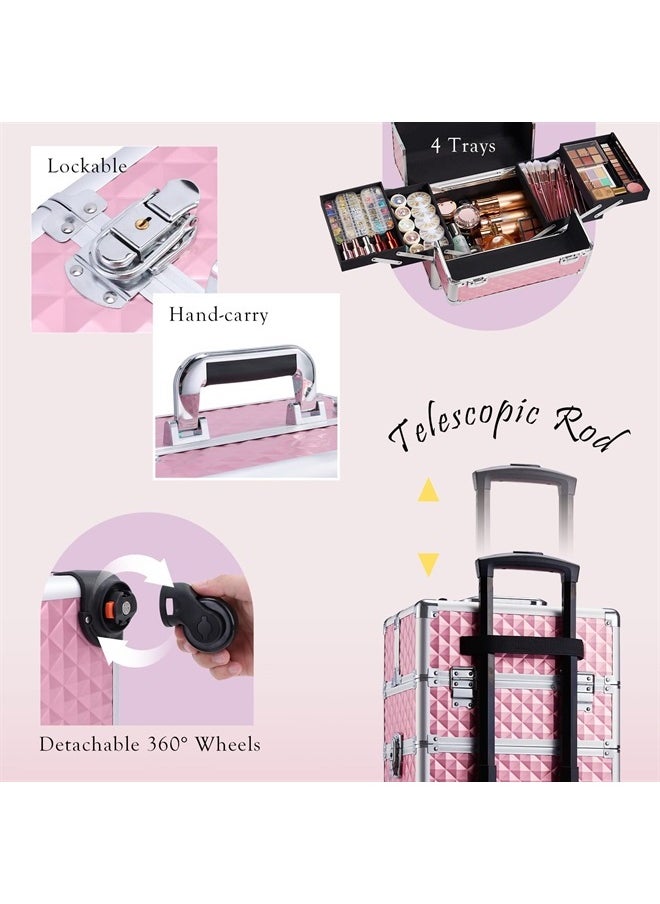 Stagiant - Rolling Makeup Train Case Large Storage Cosmetic Trolley 4 in 1 Large Capacity Trolley Makeup Travel Case with Key Swivel Wheels Salon Barber Case Traveling Cart Trunk - Pink - Image 1