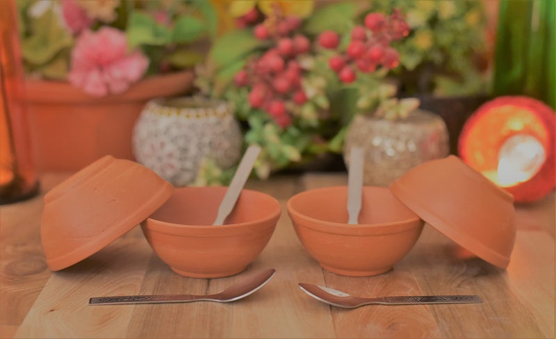 SHRIYAM CRAFT Shriyam Clay Sweet Bowels / Katori/Serving Bowl/Earthenware Bowl for Serving Curd, Vegetables Set of 4 with Spoon (4) Pack of 4 - Image 3