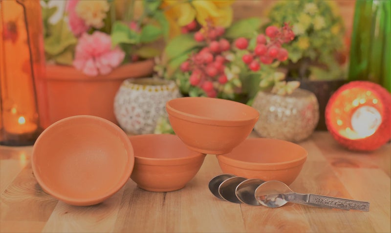 SHRIYAM CRAFT Shriyam Clay Sweet Bowels / Katori/Serving Bowl/Earthenware Bowl for Serving Curd, Vegetables Set of 4 with Spoon (4) Pack of 4 - Image 1