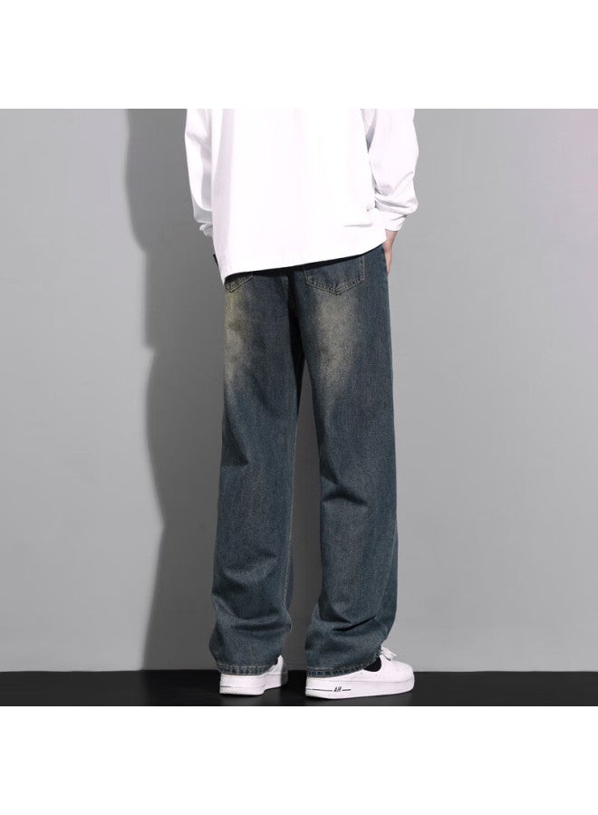 Maybeyond Men's American Style Streetwear Workwear Straight Leg Wide-leg Jeans Ma46 Blue-l - Image 2