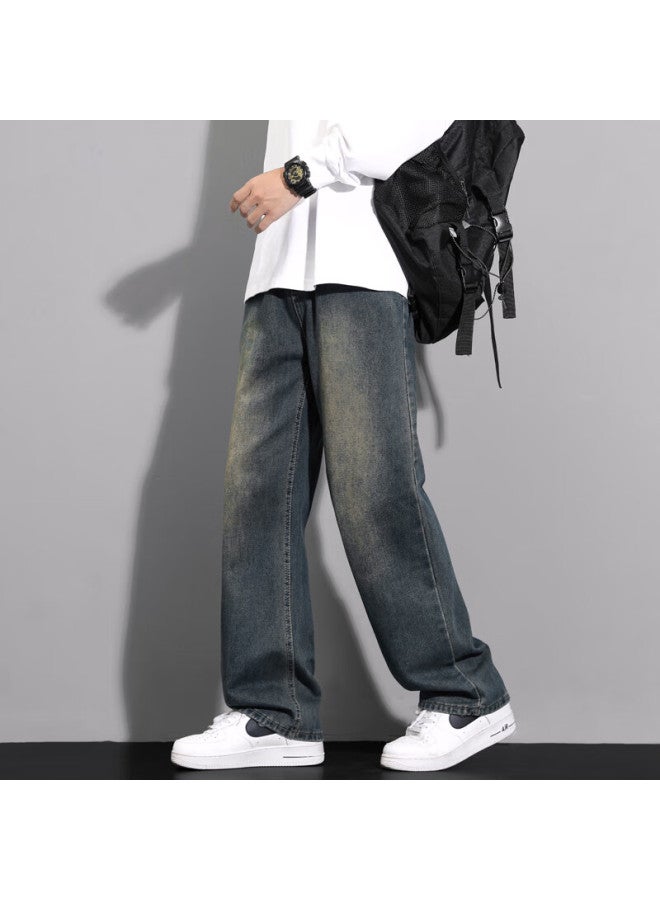 Maybeyond Men's American Style Streetwear Workwear Straight Leg Wide-leg Jeans Ma46 Blue-l - Image 1