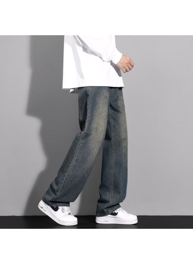 Maybeyond Men's American Style Streetwear Workwear Straight Leg Wide-leg Jeans Ma46 Blue-l - Image 5