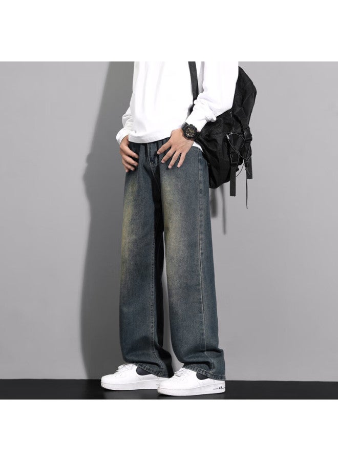 Maybeyond Men's American Style Streetwear Workwear Straight Leg Wide-leg Jeans Ma46 Blue-l - Image 4