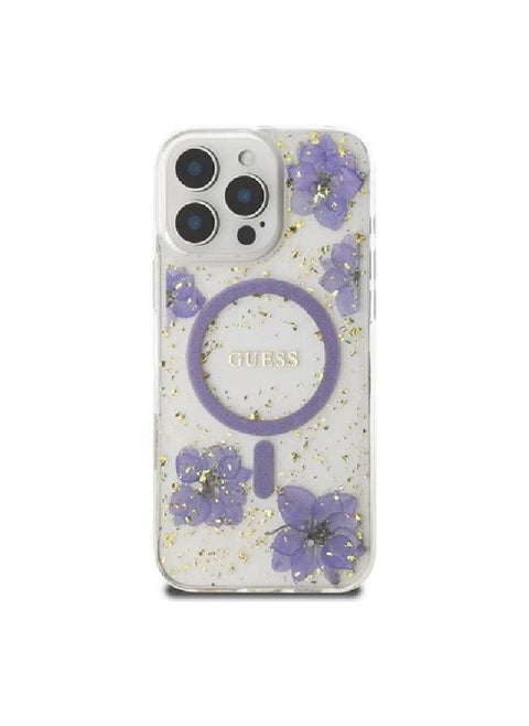 جراب Guess المريح المتوافق مع iPhone 16 Pro Max بتصميم زهور من الراتنج - بنفسجي