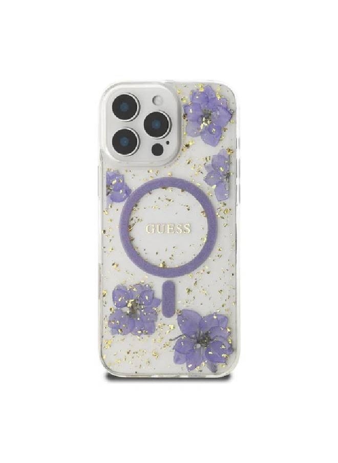 GUESS - Guess Comfortable Grip Compatible with iPhone 16 Pro Max Hard Case with Resin Flowers Design - Purple - Image 1