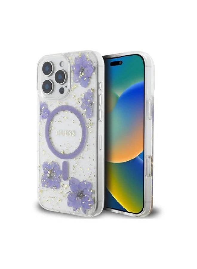 GUESS - Guess Comfortable Grip Compatible with iPhone 16 Pro Max Hard Case with Resin Flowers Design - Purple - Image 1