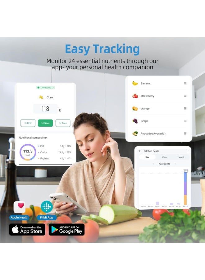 رو سيانل ميزان طعام ذكي بحاسبة سعرات حرارية – ميزان مطبخ إلكتروني للتغذية والرجيم مع تطبيق لتتبع 23 عنصر غذائي، من الفولاذ المقاوم للصدأ - Image 4