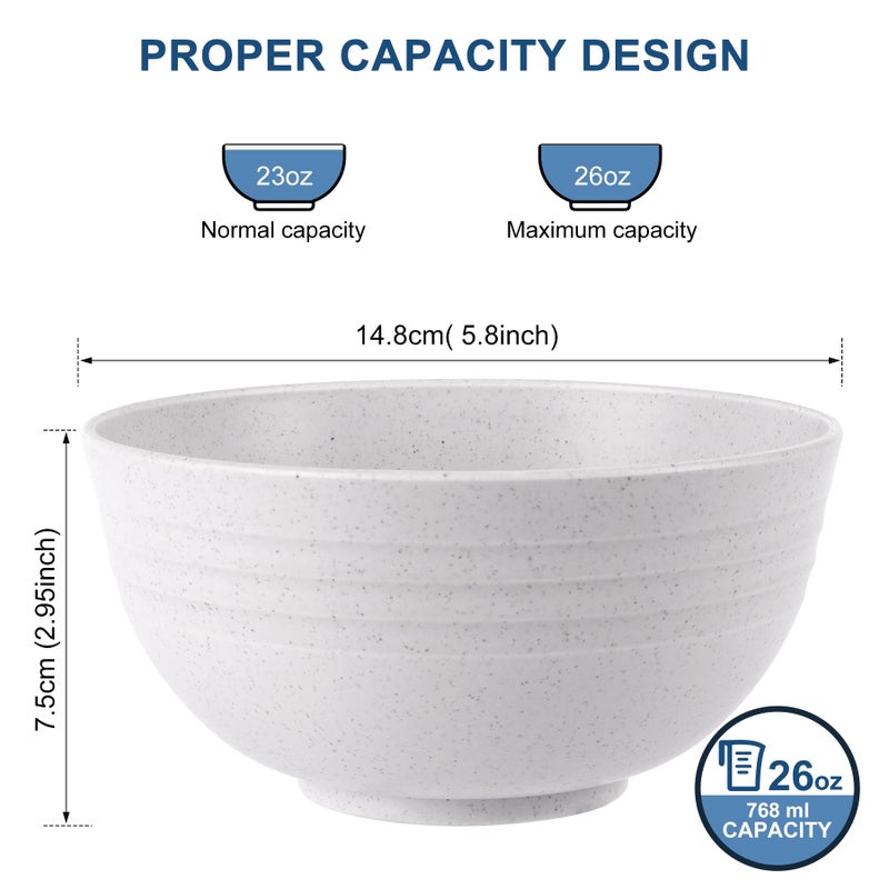 HOTEC Unbreakable Wheat Straw Cereal Bowls - Microwave & Dishwasher Safe Soup and Salad Bowls BPA Free, Set of 8, 26oz, White - Image 2