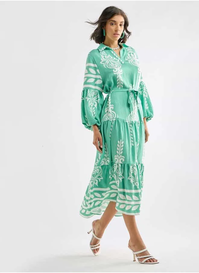 FAV Printed Midi Shirt Dress with Long Sleeves and Tie-Up Belt