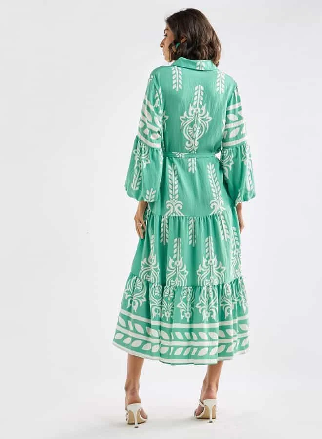 Splash FAV Printed Midi Shirt Dress with Long Sleeves and Tie-Up Belt