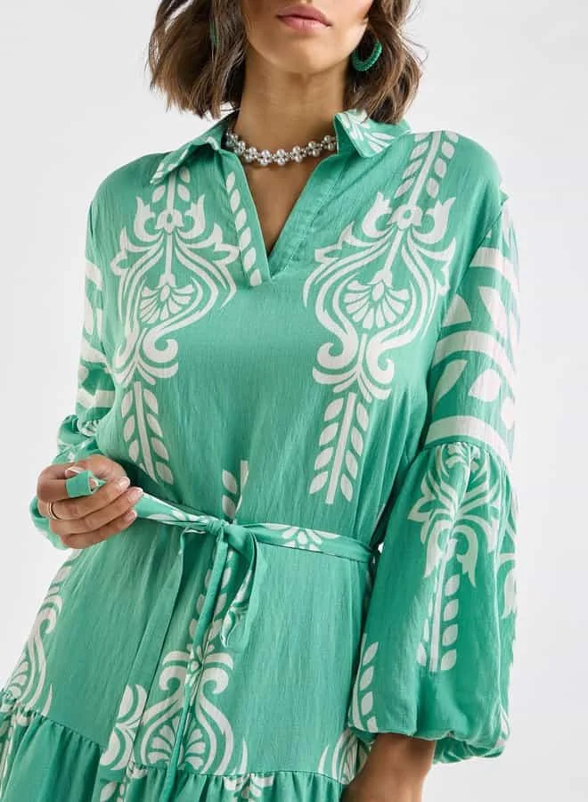Splash FAV Printed Midi Shirt Dress with Long Sleeves and Tie-Up Belt
