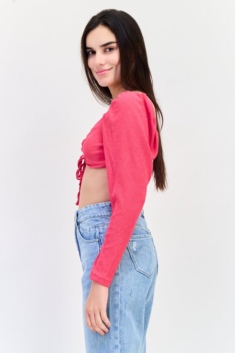 trendyol Women Keyhole Neck Long Sleeves Textured Bralette Top, Pink - Image 3