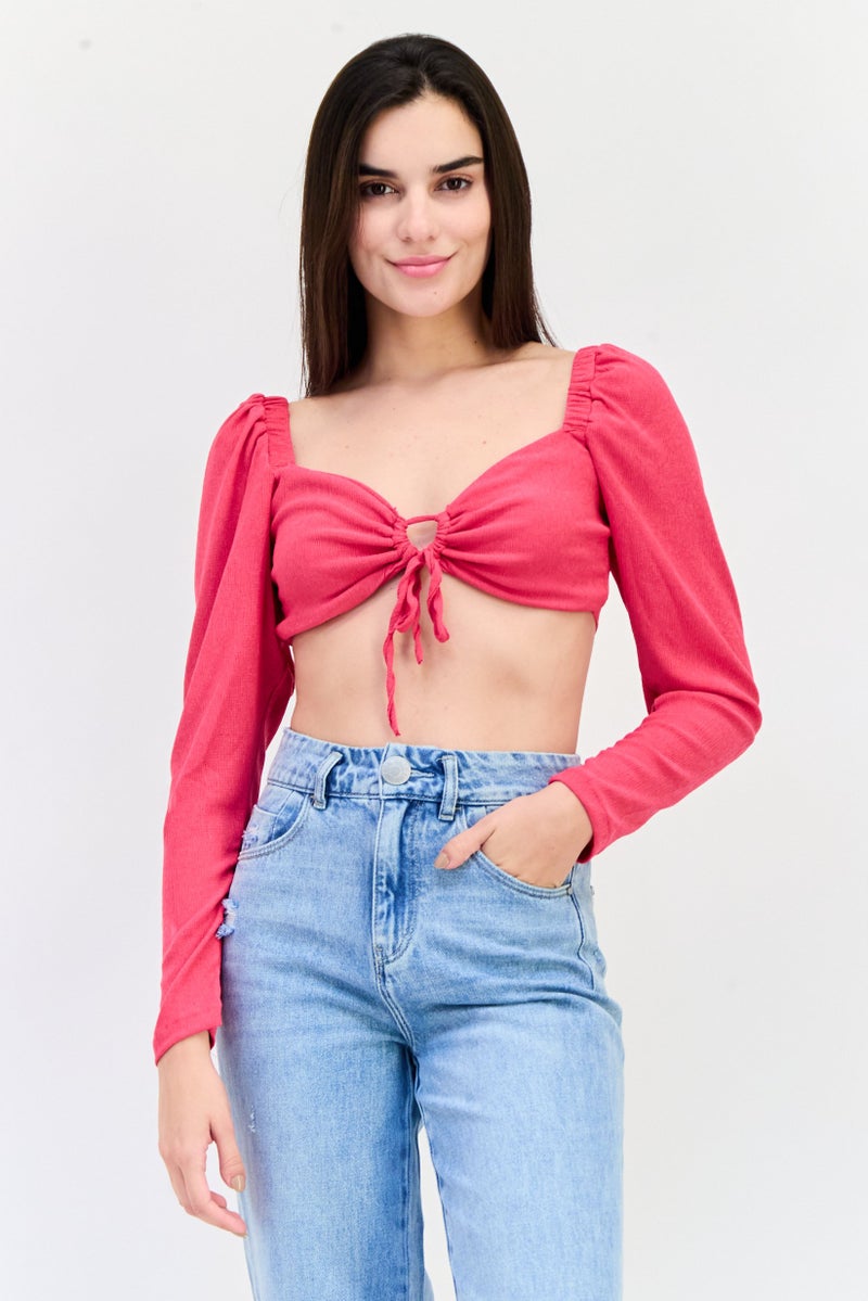 trendyol Women Keyhole Neck Long Sleeves Textured Bralette Top, Pink - Image 1