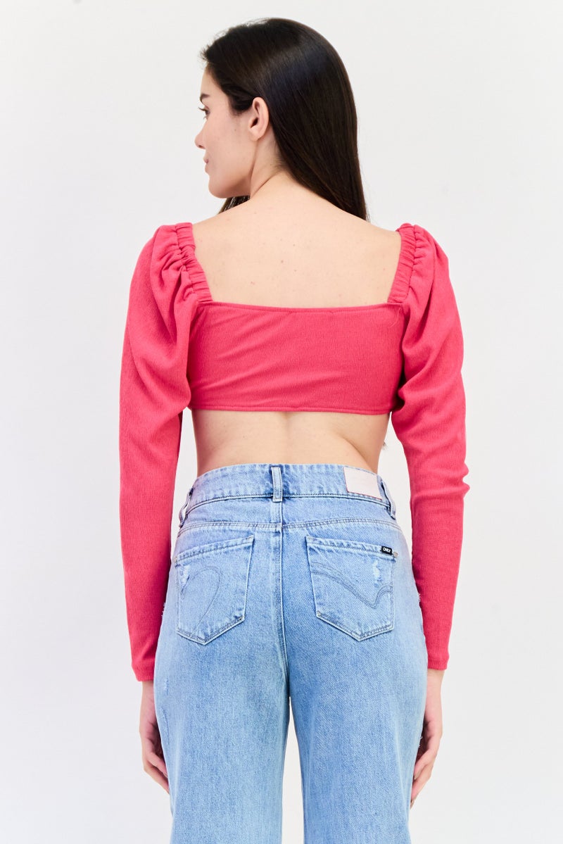 trendyol Women Keyhole Neck Long Sleeves Textured Bralette Top, Pink - Image 4