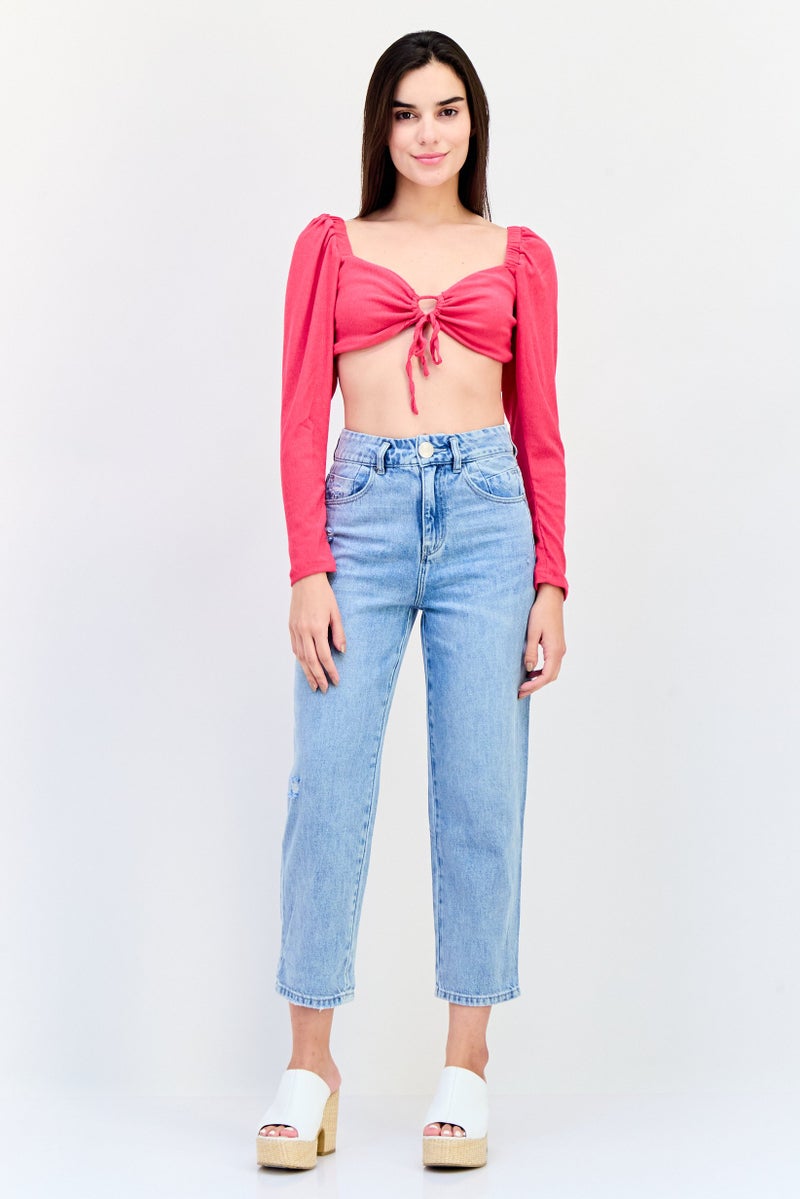 trendyol Women Keyhole Neck Long Sleeves Textured Bralette Top, Pink - Image 2