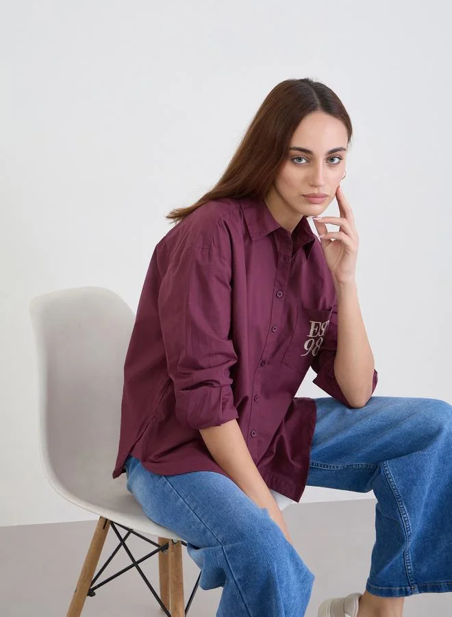 Styli Styli Burgundy Oversized Shirt with Patch Pocket
