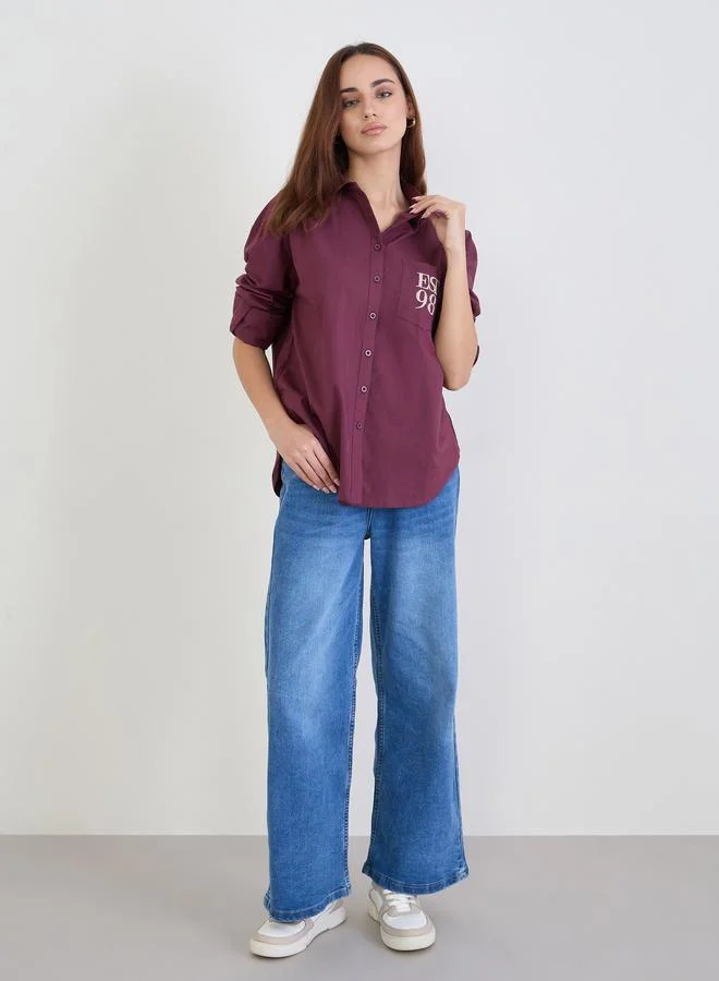 Styli Styli Burgundy Oversized Shirt with Patch Pocket