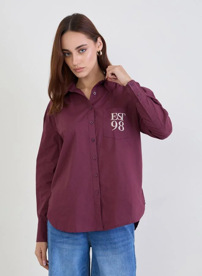 Styli Styli Burgundy Oversized Shirt with Patch Pocket