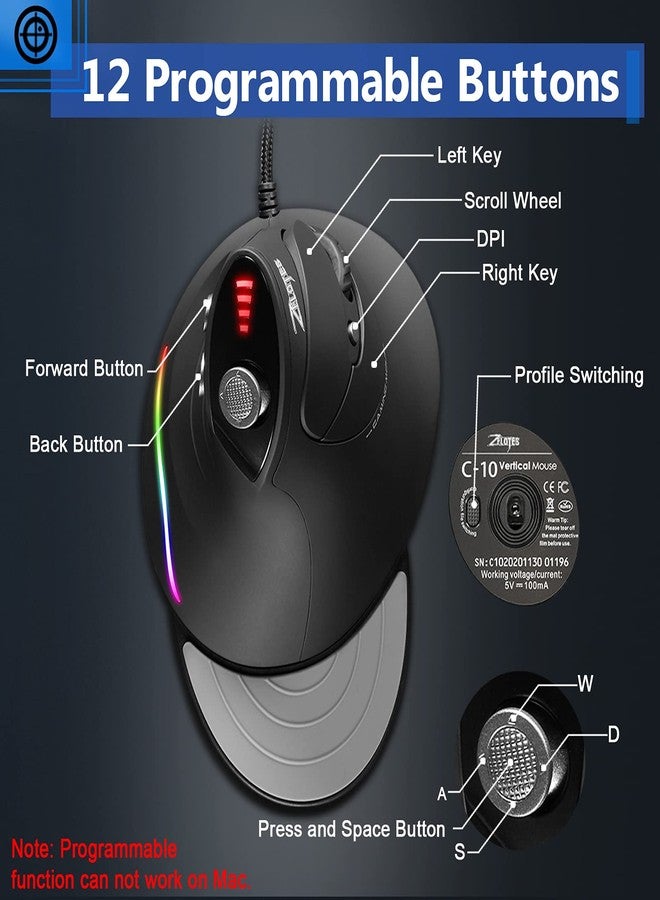 TRELC Gaming Mouse with 5 D Rocker, Ergonomic Mouse with 10000 DPI/12 Programmable Buttons/Palm Rest, RGB Vertical Gaming Mice Wired for PC/Laptop/E-Sports/Gamer (for Small Hand, Black) - Image 2