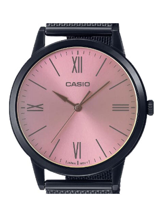 Men Watch Analog Pink Dial Stainless Steel Mesh Black Ion Plated Band And Case MTP-E600MB-4BDF