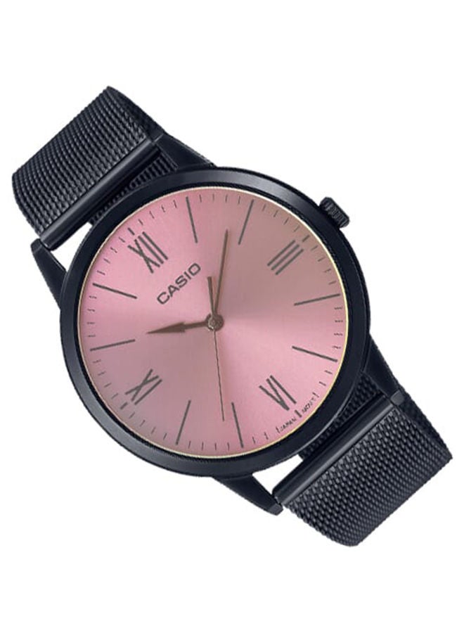 Men Watch Analog Pink Dial Stainless Steel Mesh Black Ion Plated Band And Case MTP-E600MB-4BDF