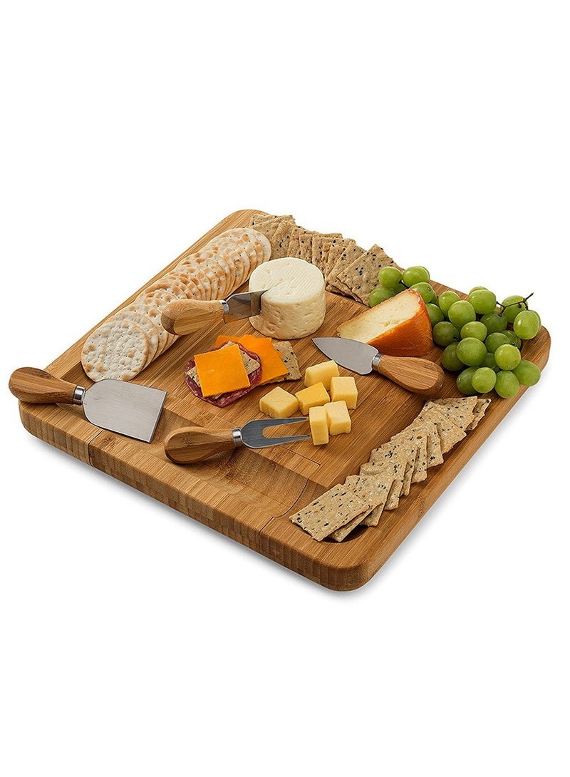 عام طقم لوح جبن من الخيزران مع درج، لوح تقطيع جبن ولوح تقطيع متعدد الاستخدامات. - Image 1
