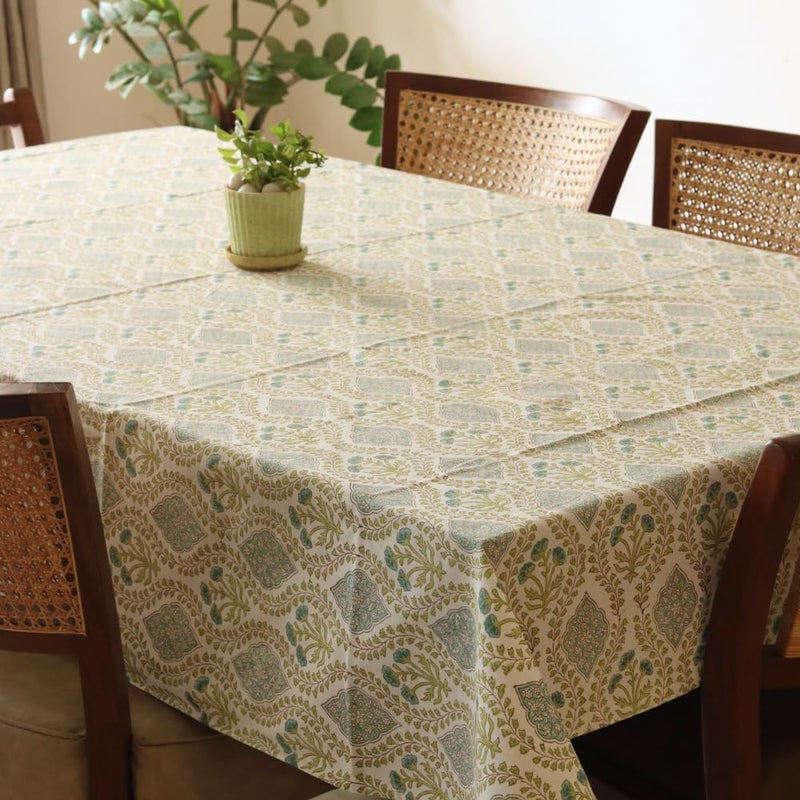 THE YARD HOUSE Wipeable AntiSlip Hand Block Printed Cotton Table Cover Riverside Rectangle 6 Seater 150cm X 225cm Protects Against Spills Scratches Family Dining Party Gifting