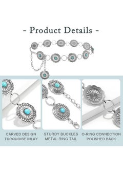 ELABEST Turquoise Chain Belt Silver Concho Belt Cowgirl Cowboy Western Waist Chain For Women  - Image 3