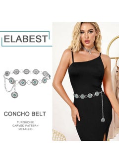 ELABEST Turquoise Chain Belt Silver Concho Belt Cowgirl Cowboy Western Waist Chain For Women  - Image 2
