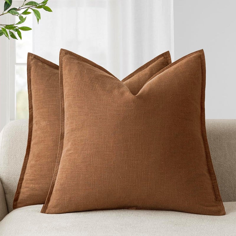 Foindtower Pack of 2, Decorative Linen Soild Throw Pillow Covers Soft Accent Cushion Case Boho Farmhouse Pillowcase for Chair Couch Sofa Bedroom Living Room Home Decor 20 x 20 Inch Orange Brown - Image 1
