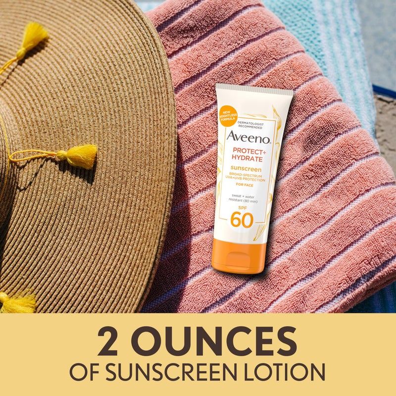 Aveeno Protect + Hydrate Face Sunscreen, SPF 60 Broad Spectrum, for Sensitive Skin, Travel Size, Water Resistant (80 minutes), Paraben, Oxybenzone & Oil Free, 2 fl oz - Image 3