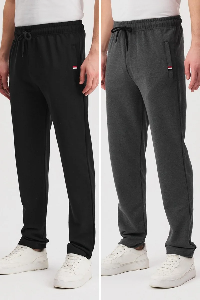 ميتاليك Black-Anthracite Men's Zippered Pocket Embroidery Detailed Straight Leg Relaxed Cut Daily 2-Pack Sweatpants MTLCE107