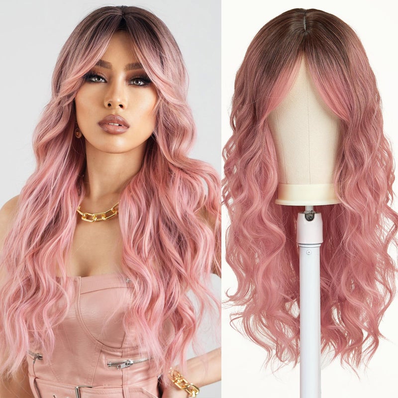 Esmee Long Wavy Pale Pink Wig For Women Bangs Wig Curly Synthetic Hair Natural Looking Heat Resistant Fiber For Daily Party Cosplay Christmas Wear - Image 1