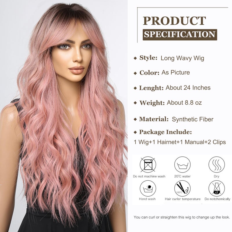 Esmee Long Wavy Pale Pink Wig For Women Bangs Wig Curly Synthetic Hair Natural Looking Heat Resistant Fiber For Daily Party Cosplay Christmas Wear - Image 2