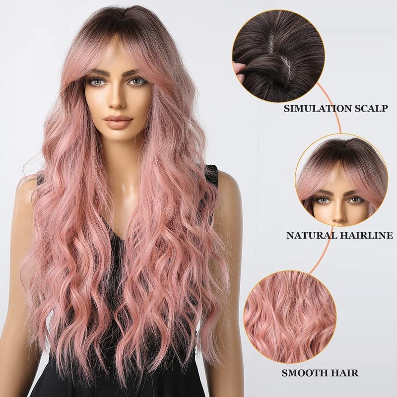 Esmee Long Wavy Pale Pink Wig For Women Bangs Wig Curly Synthetic Hair Natural Looking Heat Resistant Fiber For Daily Party Cosplay Christmas Wear - Image 3