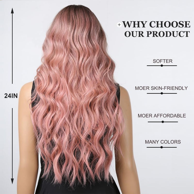Esmee Long Wavy Pale Pink Wig For Women Bangs Wig Curly Synthetic Hair Natural Looking Heat Resistant Fiber For Daily Party Cosplay Christmas Wear - Image 4