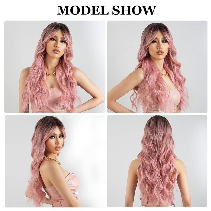 Esmee Long Wavy Pale Pink Wig For Women Bangs Wig Curly Synthetic Hair Natural Looking Heat Resistant Fiber For Daily Party Cosplay Christmas Wear - Image 5