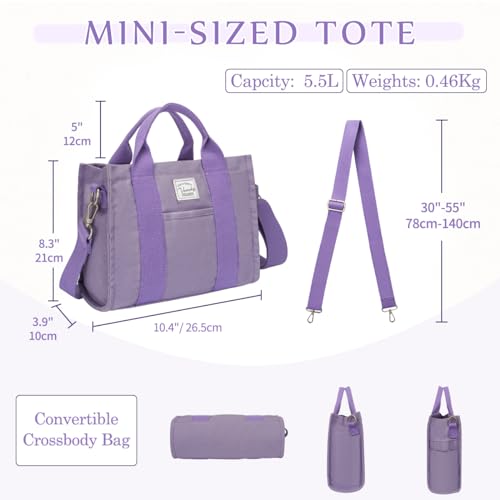 VASCHY Mini Tote Bag for Women, Small Cute Aesthetic Canvas Tote Purse Handbags Crossbody Shoulder Satchel Bag with Zipper Pockets Purple - Image 3
