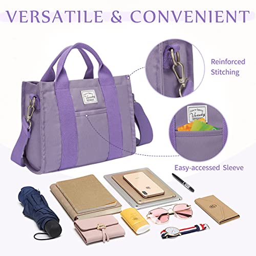 VASCHY Mini Tote Bag for Women, Small Cute Aesthetic Canvas Tote Purse Handbags Crossbody Shoulder Satchel Bag with Zipper Pockets Purple - Image 5