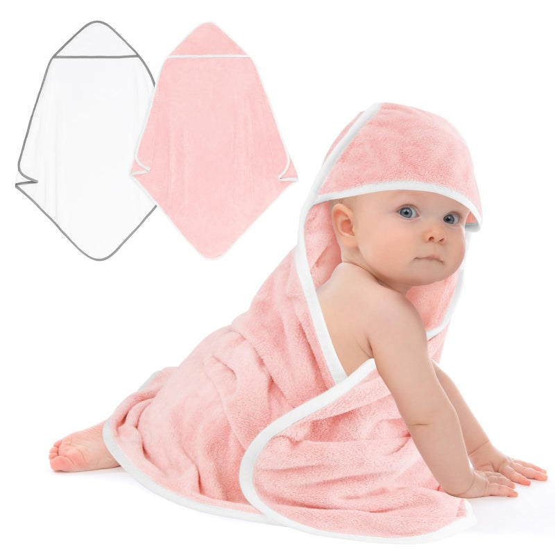 UNIMADE Hooded Towel for Newborn 2 Pack Soft Coral Fleece Baby Towels Ultra Absorbent Bath Cloths Bulk for Infants Toddlers Newborn Essential 30 x 30 inch Pink White - Image 2